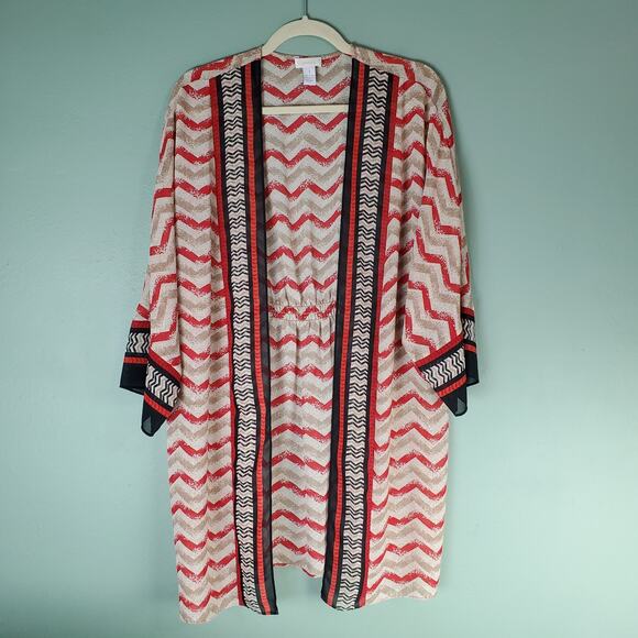 Chico's Womens Multicolor Red Cream Open Front Chevron Duster Kimono Size 1 - Picture 1 of 5